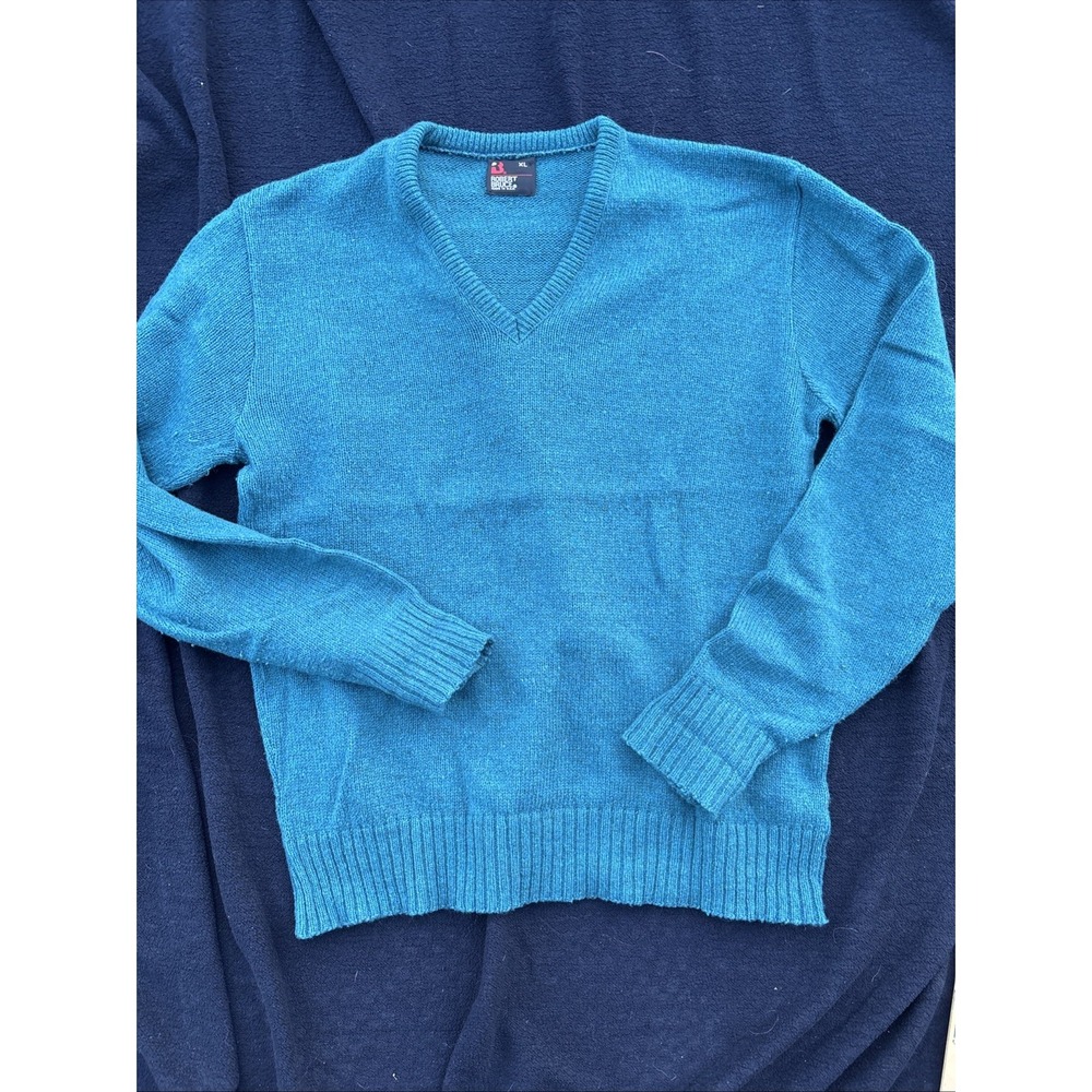 Vintage Robert Bruce Green Blue V Neck Office Sweater Preppy Minimalist Size XL